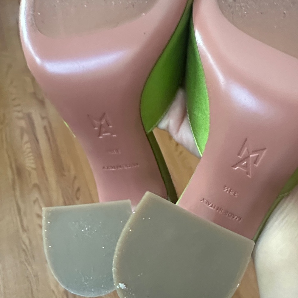 Amina Muaddi Lime Green Satin Pointed Crystal Sunburst Mules - Picture 4 of 4